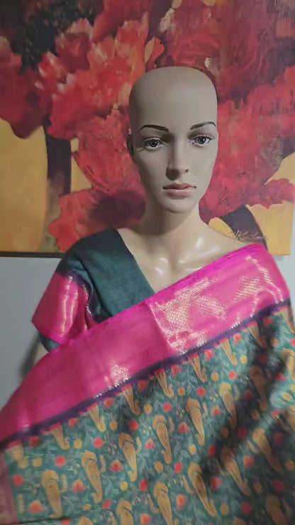 Semi Kanchipuram Silk Saree with Allover Digital Prints & Zari Border | Elegant Soft Silk Saree for Weddings & Special Occasions