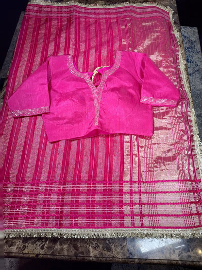 Fancy Saree with Stitched Blouse Rani Pink