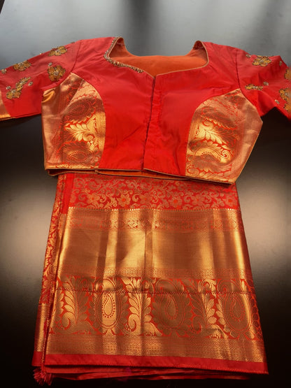 Premium Kanjivaram Silk Saree with Maggam Work Blouse | Ready-to-Wear Orange Wedding Saree | USA Shipping