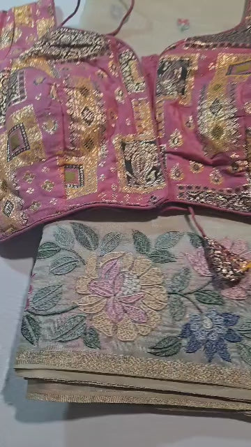 Chanderi Organza Floral Embroidery blended Silk Saree with Multicolor Stitched Blouse– Lightweight Festive Wear from USA