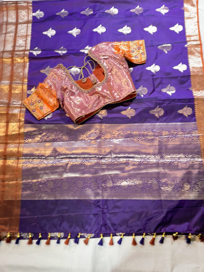 Chiniya Pattu Saree with Stitched Maggam Work Blouse Blue