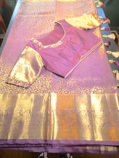 Kanchipuram Premium Silk Saree with Maggam Work Blouse Purple Shade