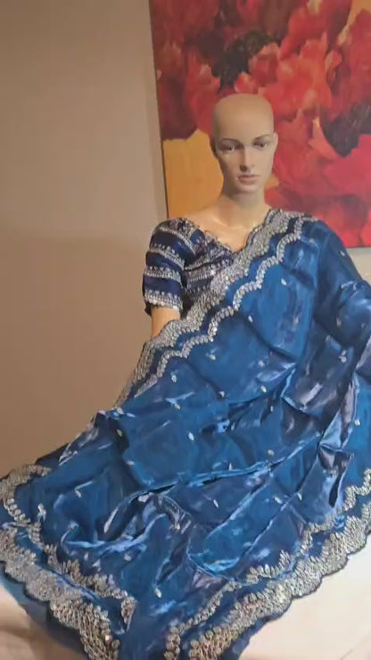 Pure Soft Zimmy Choo Silk Saree with Sequin Embroidery & Butta Work  Teal Blue– Stitched Blouse | Ships from USA