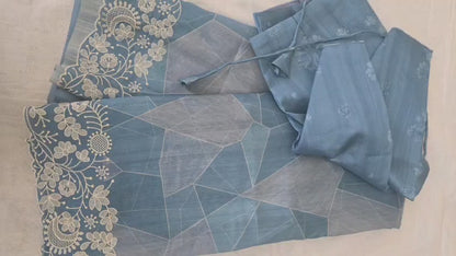 Soft Silk Semi Tussar fully stitched saree pastel blue with stitched blouse chikankari work border