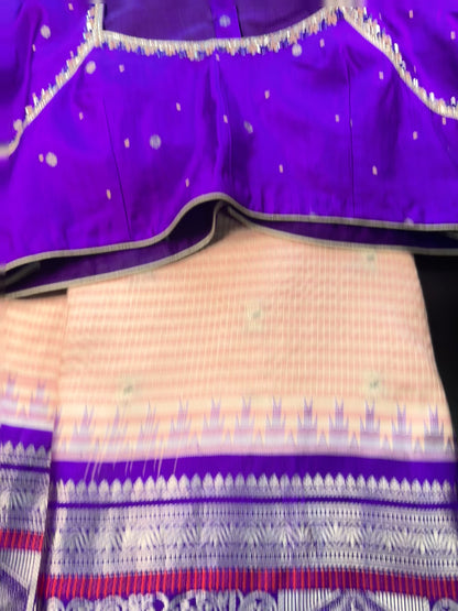 Handloom Pure Gadwal Pure Silk Saree with Designer Maggam Work Ready-to-Wear Blouse | USA Shipping Light Peach and Blue