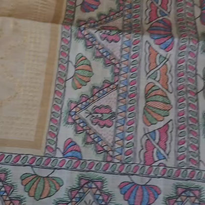 Semi Chanderi Saree in Sandal & Beige with Allover Zari Weaving and Madhubani Print Border – Handcrafted Traditional Saree for Bridal & Festive Occasions