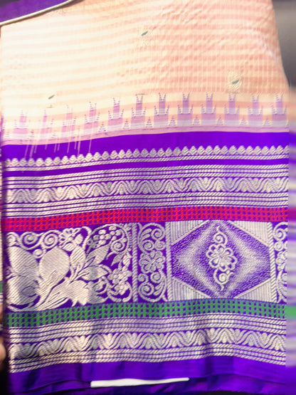 Handloom Pure Gadwal Pure Silk Saree with Designer Maggam Work Ready-to-Wear Blouse | USA Shipping Light Peach and Blue