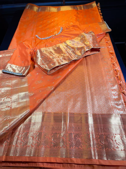 Kanchipuram Premium Semi Silk Saree with Maggam Work Blouse, Orange Color Ready-to-wear, Shipping from US, Partywear, Wedding Saree.