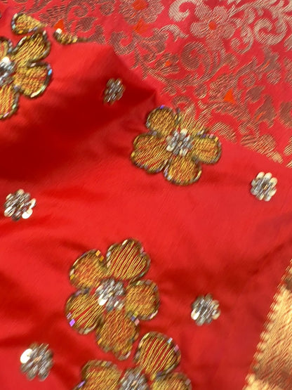 Premium Kanjivaram Silk Saree with Maggam Work Blouse | Ready-to-Wear Orange Wedding Saree | USA Shipping