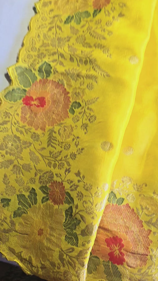 Pure Crape Silk Saree with Stitched Blouse Zari Weaving Beautiful Work Border Yellow