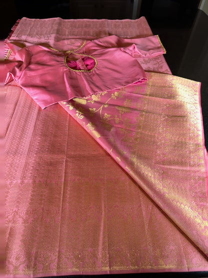 Handloom Pure Kanjivaram Pure Silk Saree | Silk Mark Certified Kanchi Pattu Saree, Stitched Blouse, Partywear, Wedding Saree, Shipping from USA Pink
