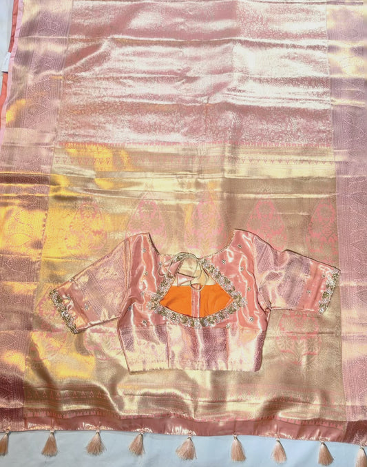Kanjivaram Tissue Semi Silk Saree with Stitched Maggam Work Blouse – Pink Wedding & Party Wear Saree | Shipping from USA