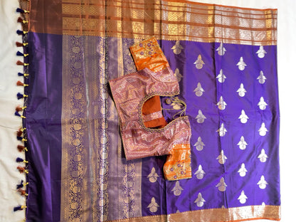 Chiniya Pattu Saree with Stitched Maggam Work Blouse Blue