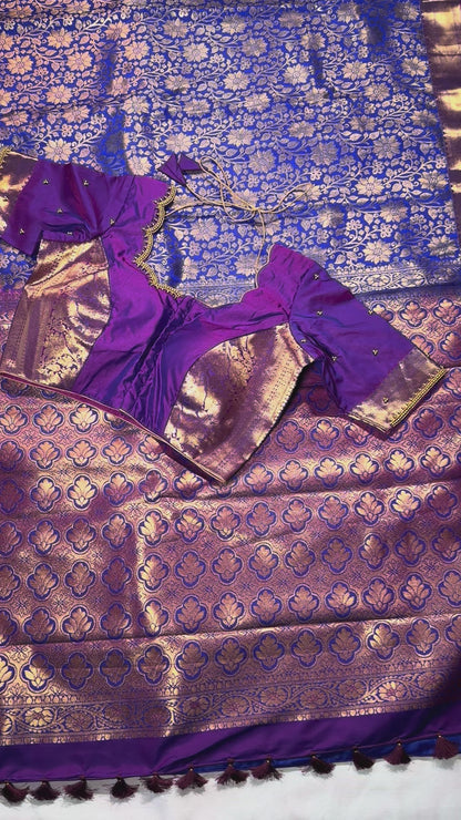 Premium Kanjivaram Semi Silk Saree Kanchipattu Saree with Stitched Maggam Work Blouse – Blue Wedding & Party Wear Saree | Shipping from USA