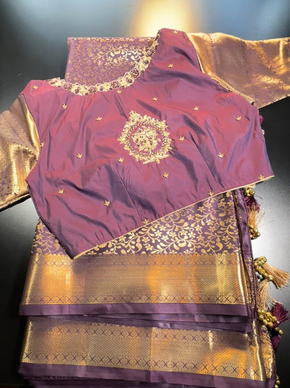 Kanchipuram Premium Silk Saree with Maggam Work Blouse Purple Shade