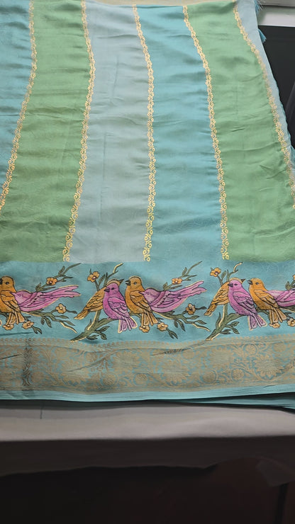 Semi Crape Silk Bird Print Saree with Stitched Blouse