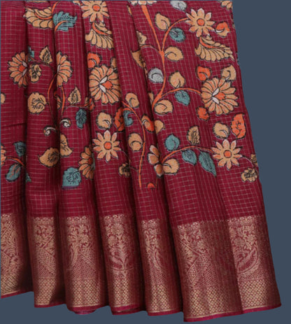 Semi Tussar Silk Saree with Zari Checked Pattern, Kalamkari Prints & Woven Zari Border –dark magenta