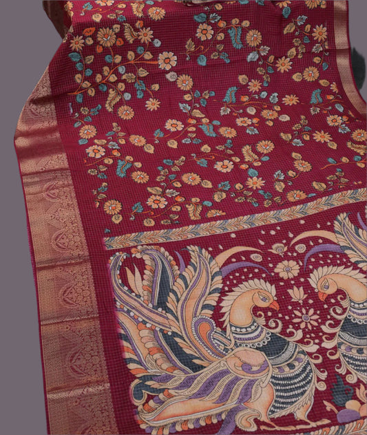 Semi Tussar Silk Saree with Zari Checked Pattern, Kalamkari Prints & Woven Zari Border –dark magenta
