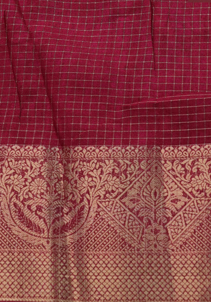 Semi Tussar Silk Saree with Zari Checked Pattern, Kalamkari Prints & Woven Zari Border –dark magenta
