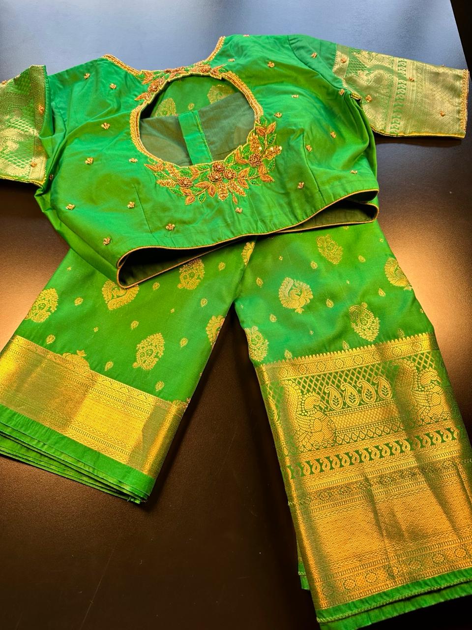 Premium Kanjivaram Saree Wedding Saree with Maggam Work Blouse Green and Gold Ready-to-wear Shipping from USA