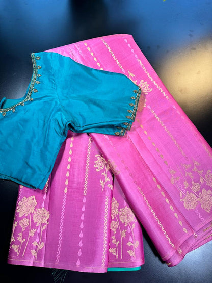 Handloom Pure Kanjivaram Silk Saree with Maggam Work Blouse
