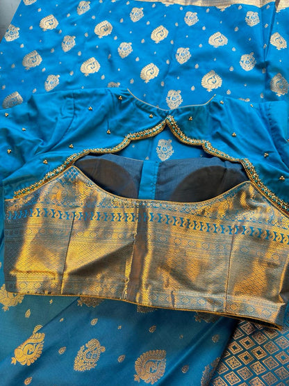 Premium Kanjivaram Saree Wedding Saree with Maggam Work Blouse Ready-to-wear Blue Saree Shipping from USA