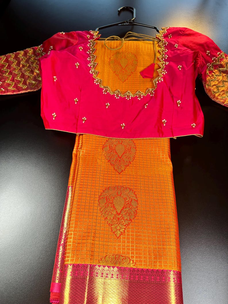 Premium Kanjivaram Saree | Semi Silk Wedding Saree with Stitched Maggam Embroidery Blouse