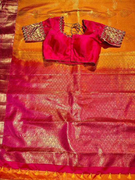 Premium Kanjivaram Saree | Semi Silk Wedding Saree with Stitched Maggam Embroidery Blouse