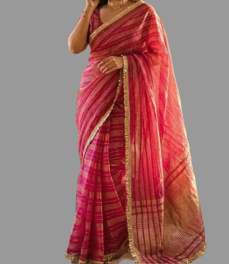 Women Soft Tissue Silk Saree with Weaving Sequin Ribbon Work & Fancy Lace | Party Wear Saree | Shipping from USA