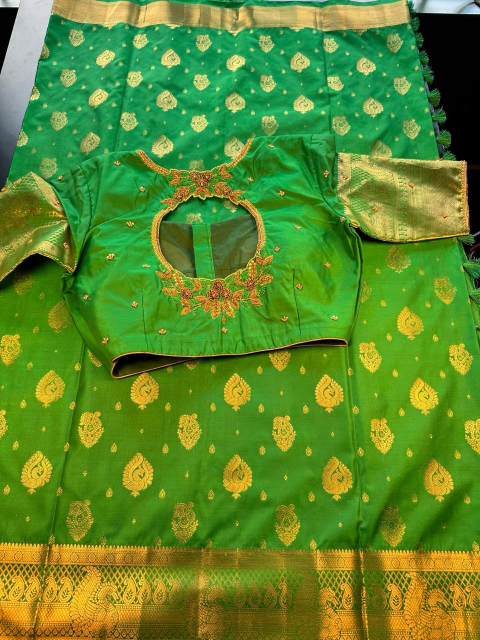 Premium Kanjivaram Saree Wedding Saree with Maggam Work Blouse Green and Gold Ready-to-wear Shipping from USA