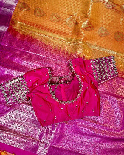 Premium Kanjivaram Saree | Semi Silk Wedding Saree with Stitched Maggam Embroidery Blouse