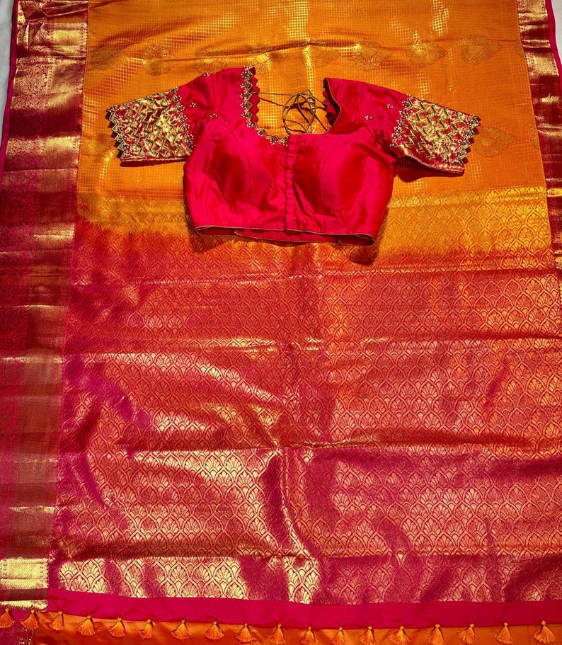 Premium Kanjivaram Saree | Semi Silk Wedding Saree with Stitched Maggam Embroidery Blouse