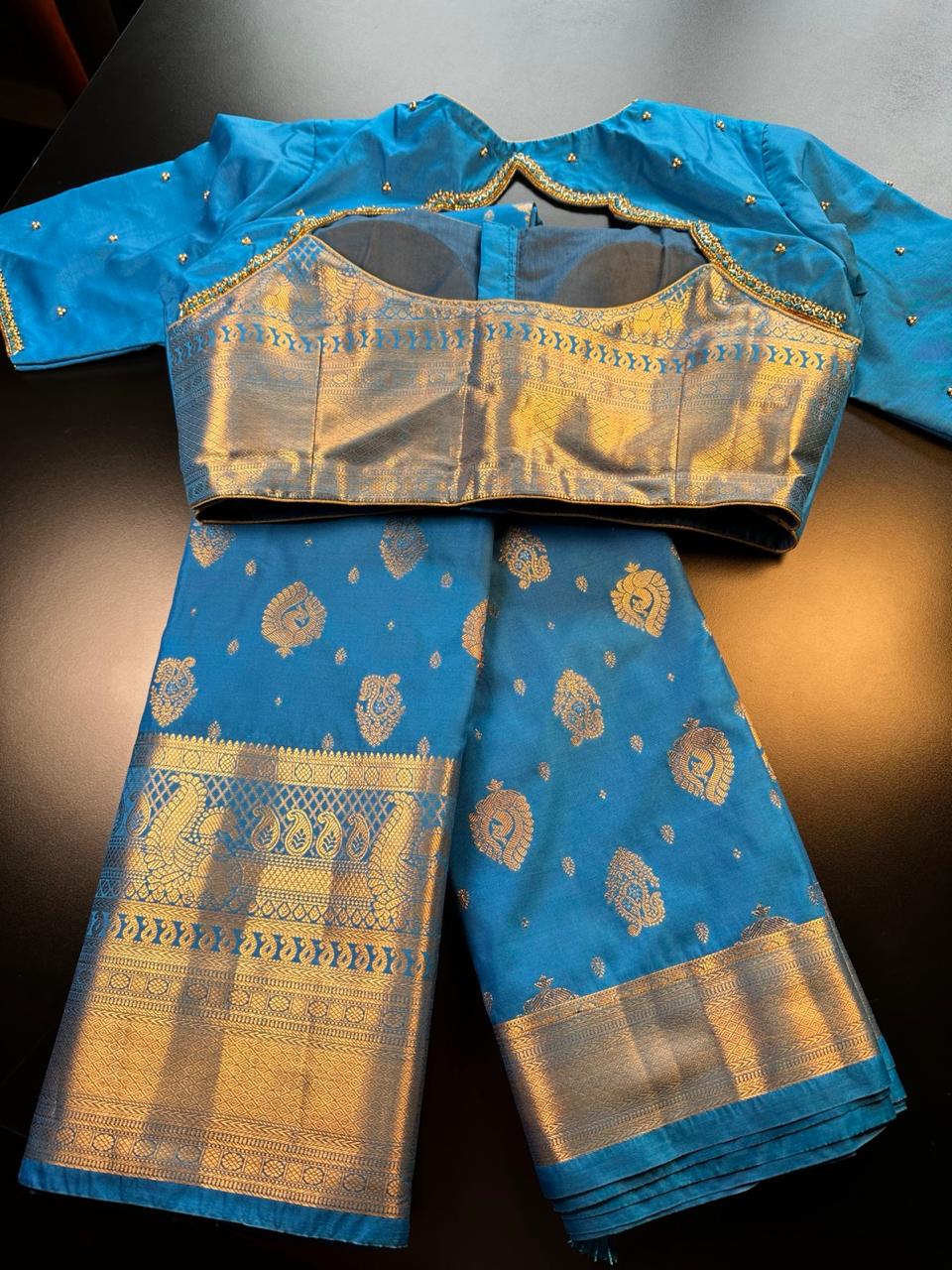 Premium Kanjivaram Saree Wedding Saree with Maggam Work Blouse Ready-to-wear Blue Saree Shipping from USA