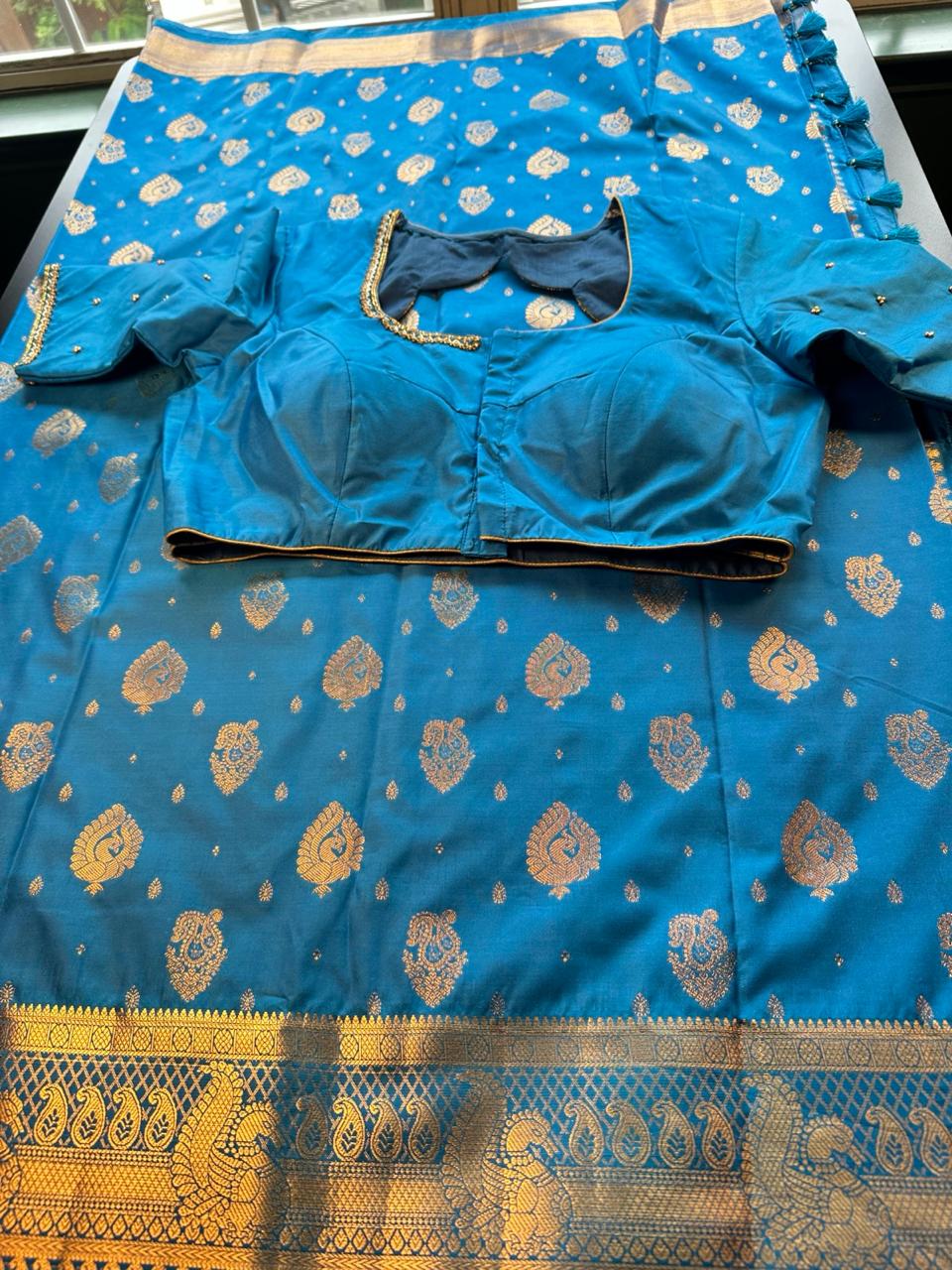 Premium Kanjivaram Saree Wedding Saree with Maggam Work Blouse Ready-to-wear Blue Saree Shipping from USA