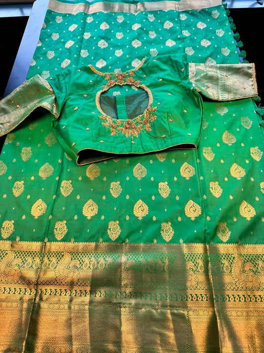 Premium Kanjivaram Saree Wedding Saree with Maggam Work Blouse Green and Gold Ready-to-wear Shipping from USA