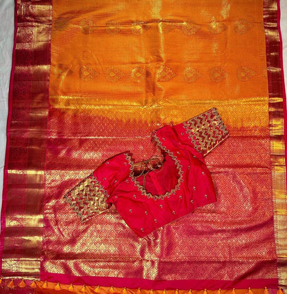 Premium Kanjivaram Saree | Semi Silk Wedding Saree with Stitched Maggam Embroidery Blouse