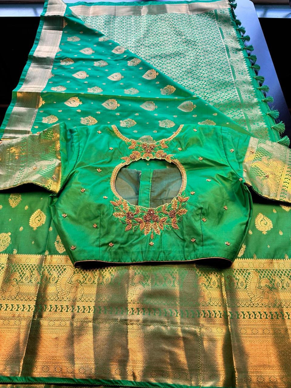 Premium Kanjivaram Saree Wedding Saree with Maggam Work Blouse Green and Gold Ready-to-wear Shipping from USA