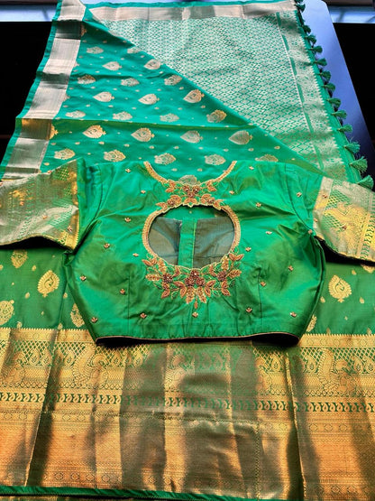 Premium Kanjivaram Saree Wedding Saree with Maggam Work Blouse Green and Gold Ready-to-wear Shipping from USA
