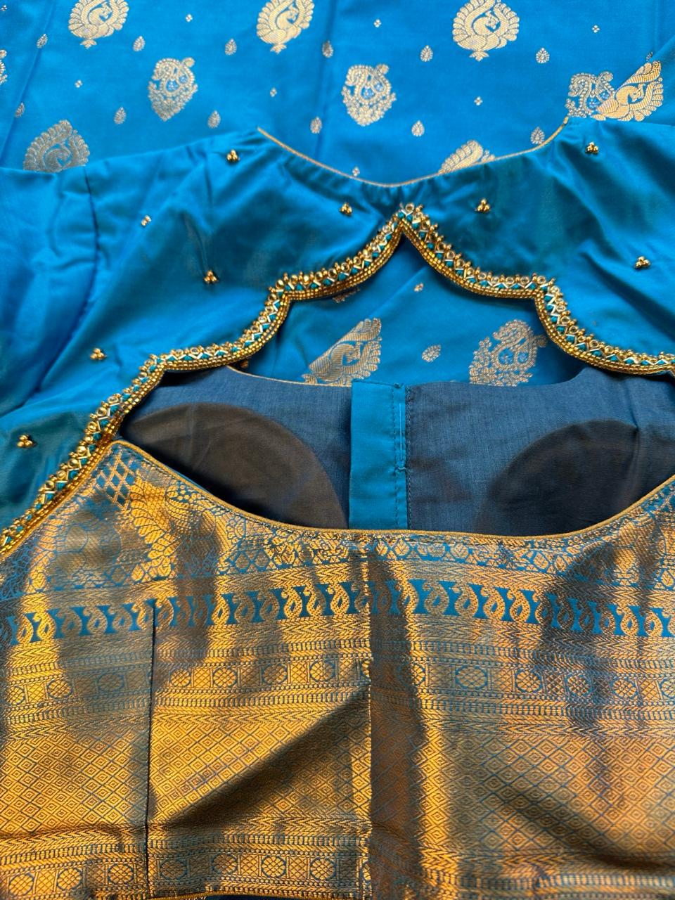 Premium Kanjivaram Saree Wedding Saree with Maggam Work Blouse Ready-to-wear Blue Saree Shipping from USA