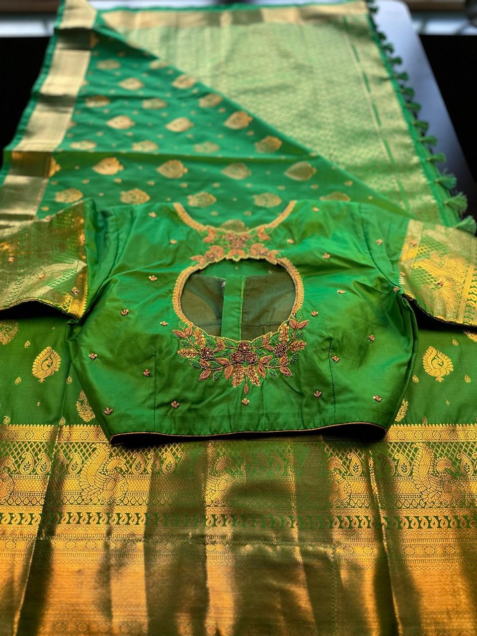 Premium Kanjivaram Saree Wedding Saree with Maggam Work Blouse Green and Gold Ready-to-wear Shipping from USA
