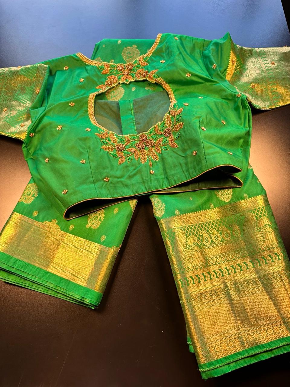 Premium Kanjivaram Saree Wedding Saree with Maggam Work Blouse Green and Gold Ready-to-wear Shipping from USA