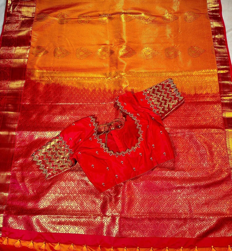 Premium Kanjivaram Saree | Semi Silk Wedding Saree with Stitched Maggam Embroidery Blouse
