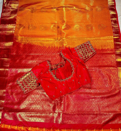 Premium Kanjivaram Saree | Semi Silk Wedding Saree with Stitched Maggam Embroidery Blouse