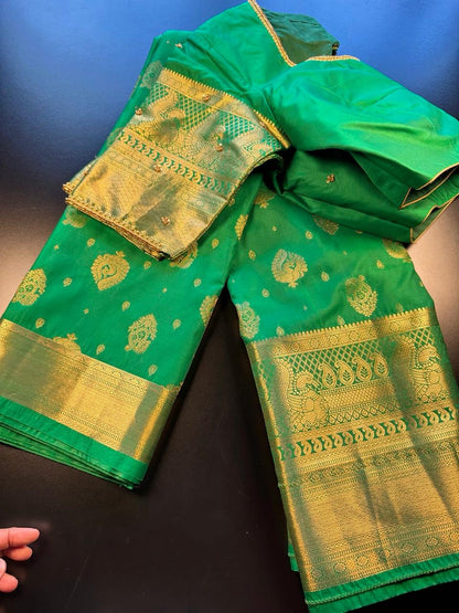 Premium Kanjivaram Saree Wedding Saree with Maggam Work Blouse Green and Gold Ready-to-wear Shipping from USA