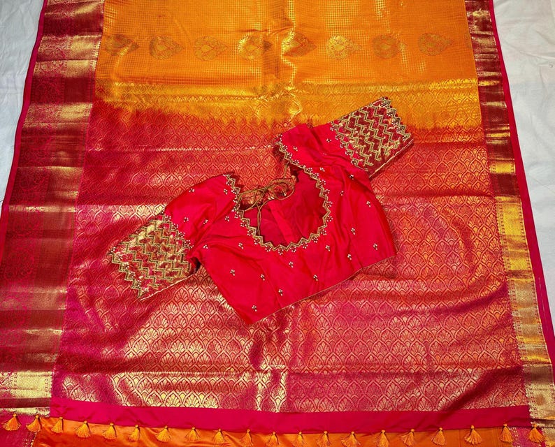 Premium Kanjivaram Saree | Semi Silk Wedding Saree with Stitched Maggam Embroidery Blouse