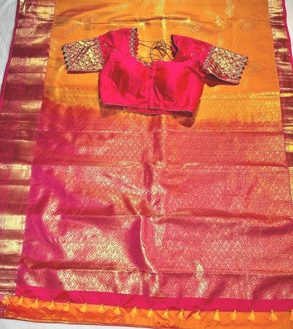 Premium Kanjivaram Saree | Semi Silk Wedding Saree with Stitched Maggam Embroidery Blouse