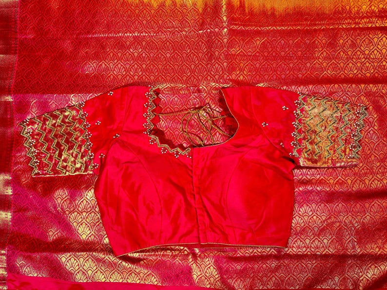 Premium Kanjivaram Saree | Semi Silk Wedding Saree with Stitched Maggam Embroidery Blouse