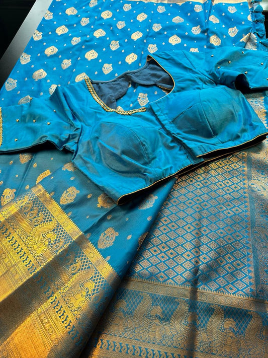 Premium Kanjivaram Saree Wedding Saree with Maggam Work Blouse Ready-to-wear Blue Saree Shipping from USA