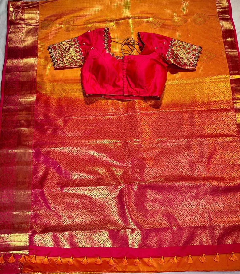 Premium Kanjivaram Saree | Semi Silk Wedding Saree with Stitched Maggam Embroidery Blouse