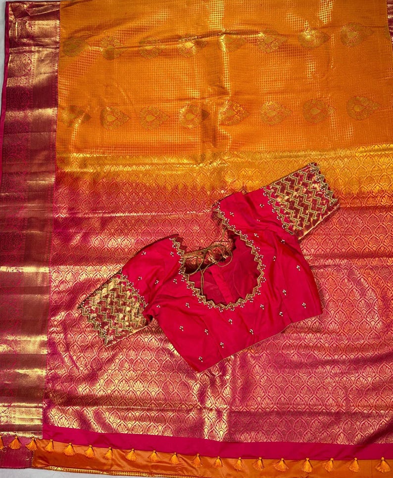 Premium Kanjivaram Saree | Semi Silk Wedding Saree with Stitched Maggam Embroidery Blouse